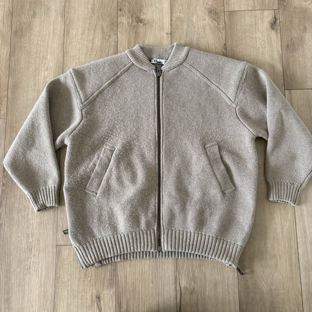 Zara Womens Oversized Wool Blend Bomber Jacket Size S/M Heavy Knit Zip Beige Tan